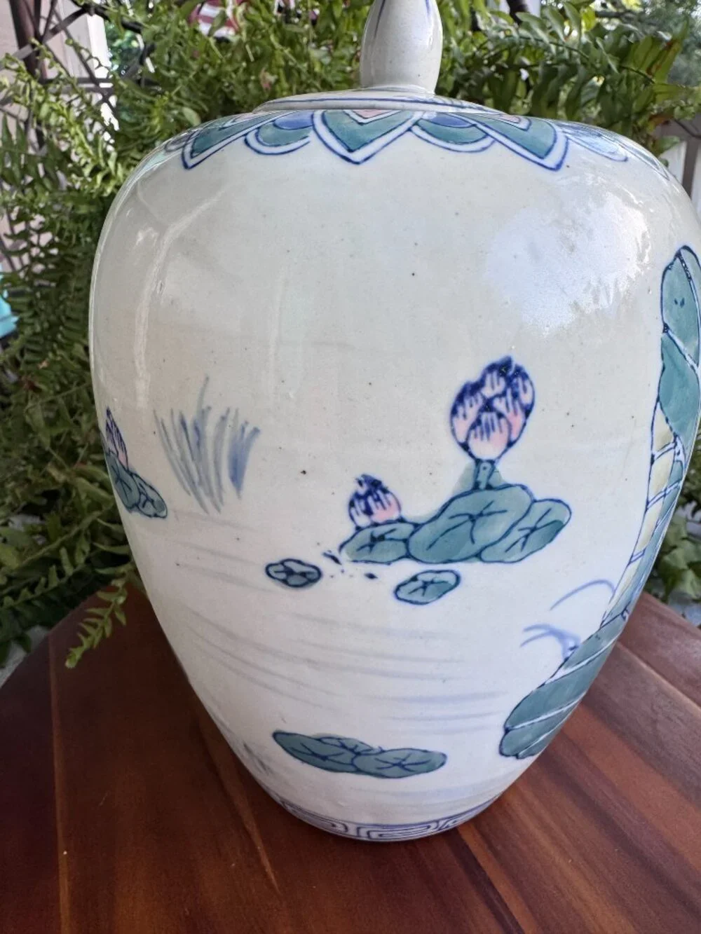 Vintage Chinese Chinoiserie Ginger Jar with Lotus Flower and Kingfisher